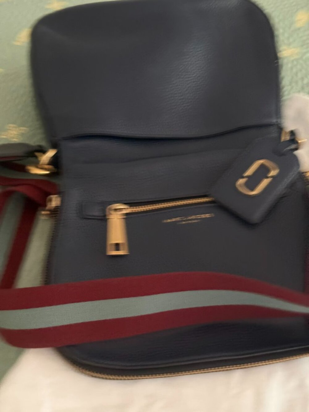 Marc Jacobs Navy Leather Crossbody with Burgundy & Light Blue Stripe Strap. - Picture 7 of 8